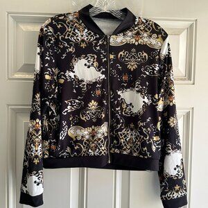 Womens Baroque Print Fashion Pants & Jacket Set Black & Gold Size M